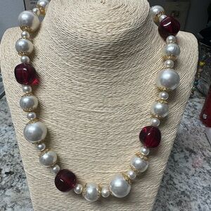 Elegant Faux Pearl and Red Bead Necklace